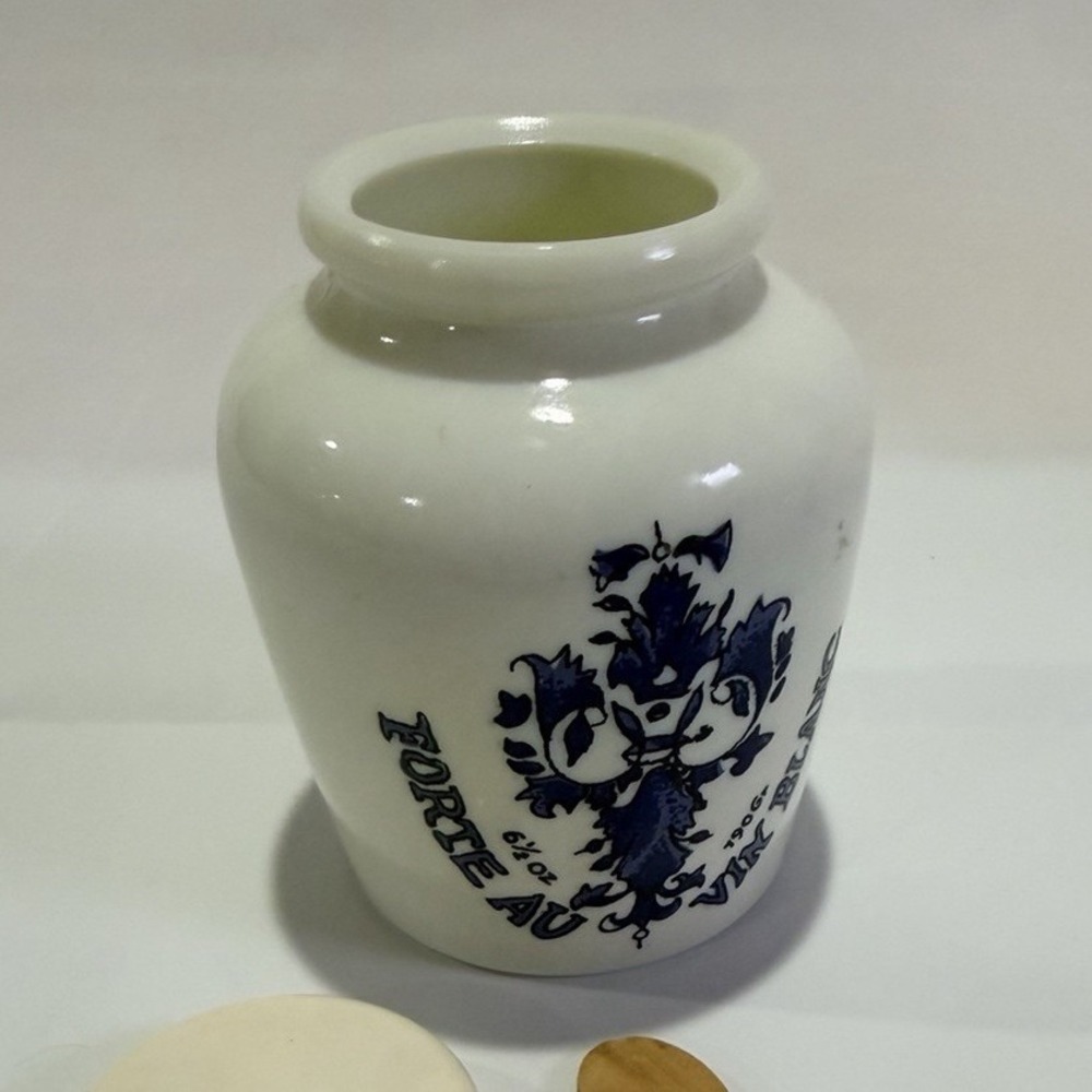 Small Ceramic Mustard Jar, Notched Lid, Wooden Spoon, Blue Crest, French Text